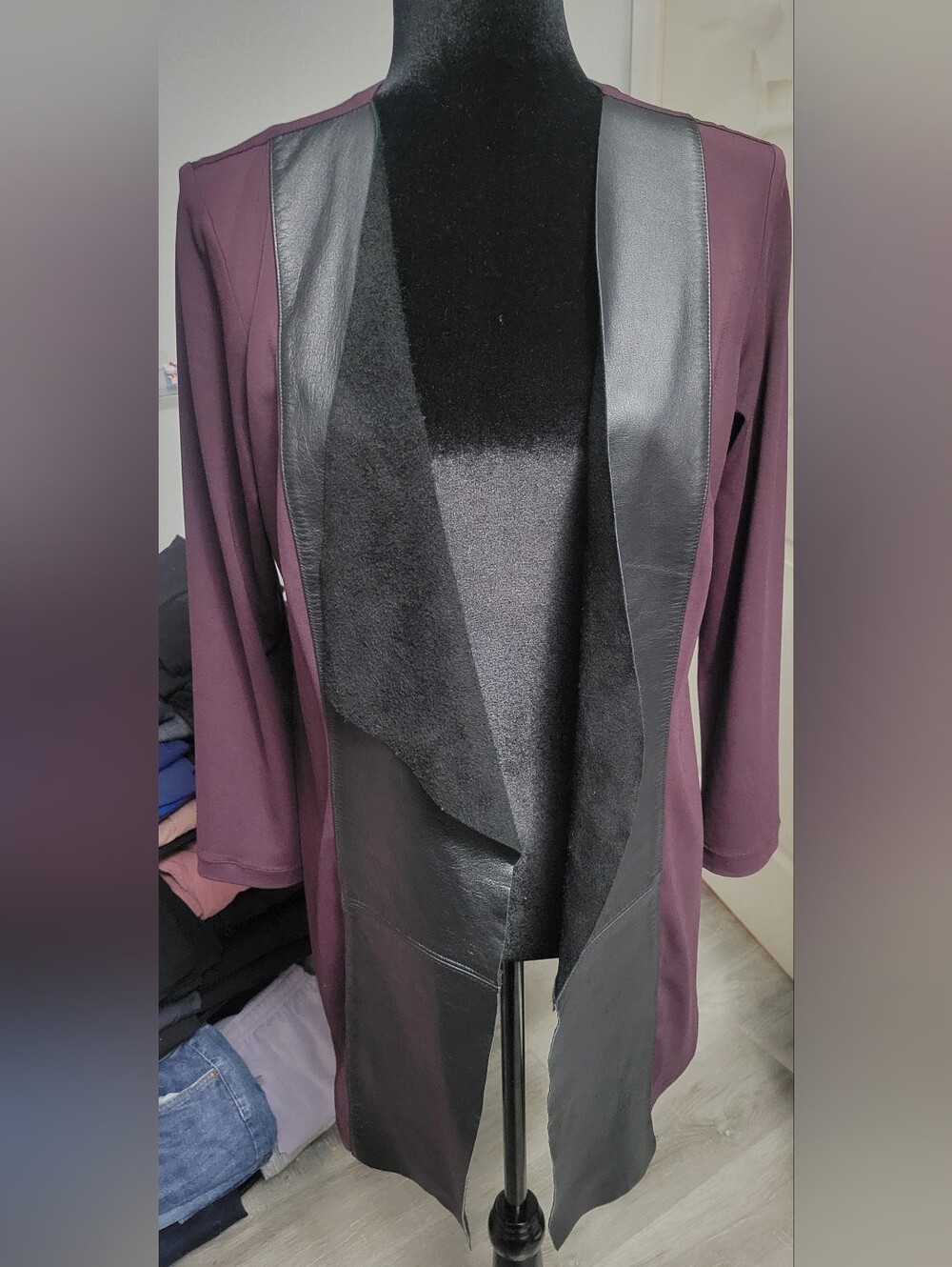 Iris Setlakwe Large Burgundy Blazer Jacket Black Leather Trim Drape Front